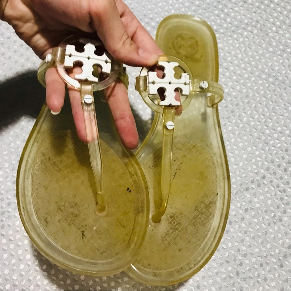 TORY BURCH clear jelly sandals white logo SIZE 9 womens